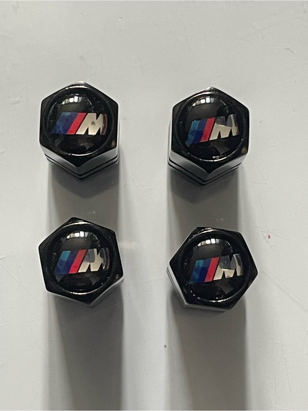 BMW Black Valve Stem Caps with M Tricolor Emblem - Set of 4